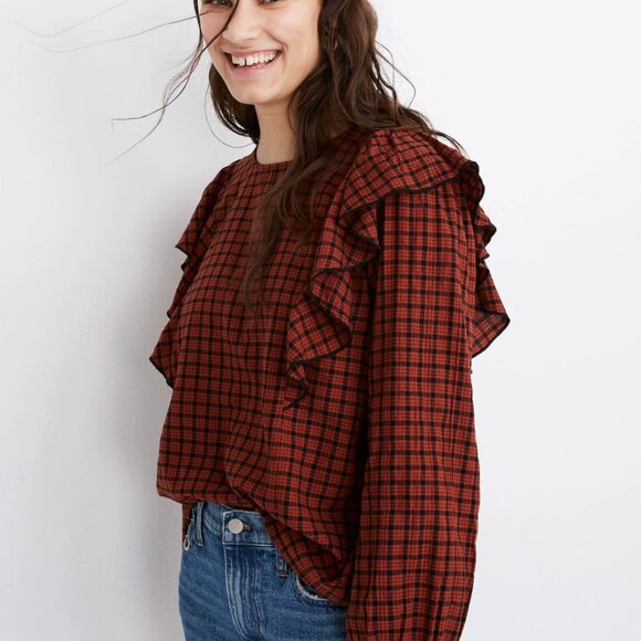 Madewell Ruffle-Front Top in Plaid - Picture 3 of 7